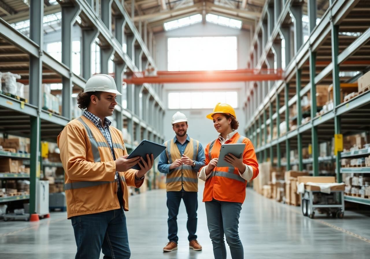 Operations team using tablets in a logistics warehouse